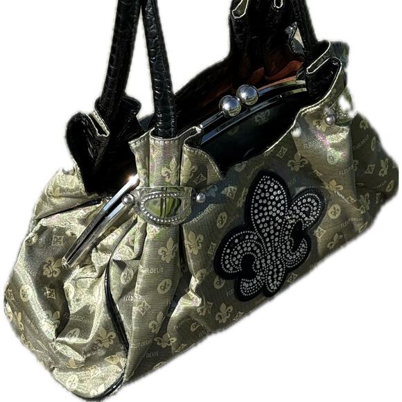 FLEURDELIS Green Rhinestone Tote Bag Purse 15x10x5 Elegant Bling & Logo Design - Picture 2 of 9